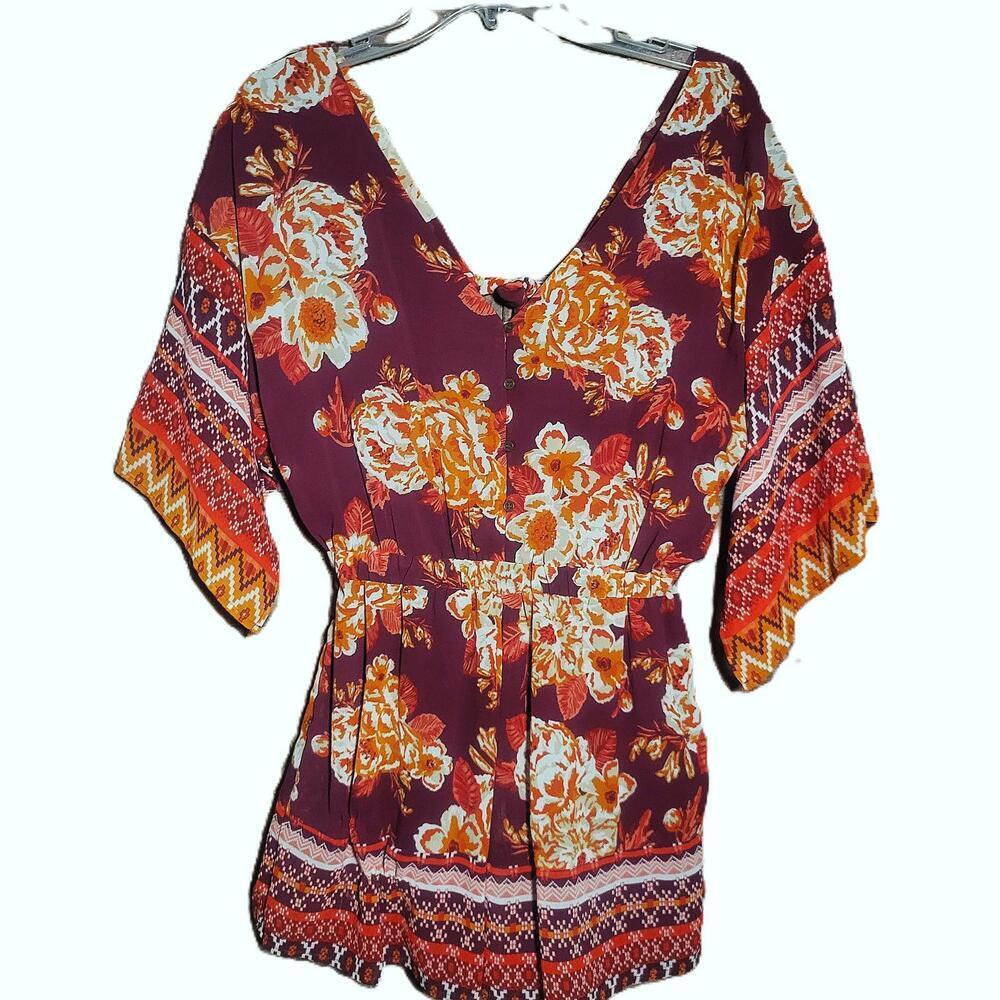 Eyeshadow Brand Boho Floral Print Romper Flared Sleeves Orange Burgundy - Size M